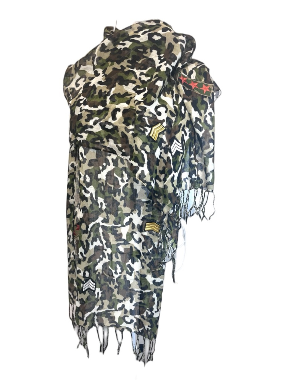 VTG BONGO Green Camo Fringe Military Stripes Stars Embroidery Patches Scarf Wrap